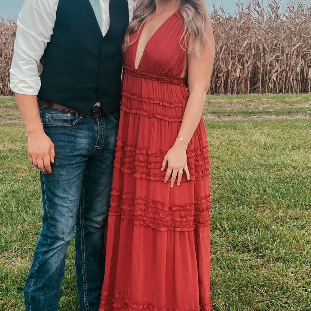 VICI Deep V Maroon Red Long Ruffled Maxi Dress